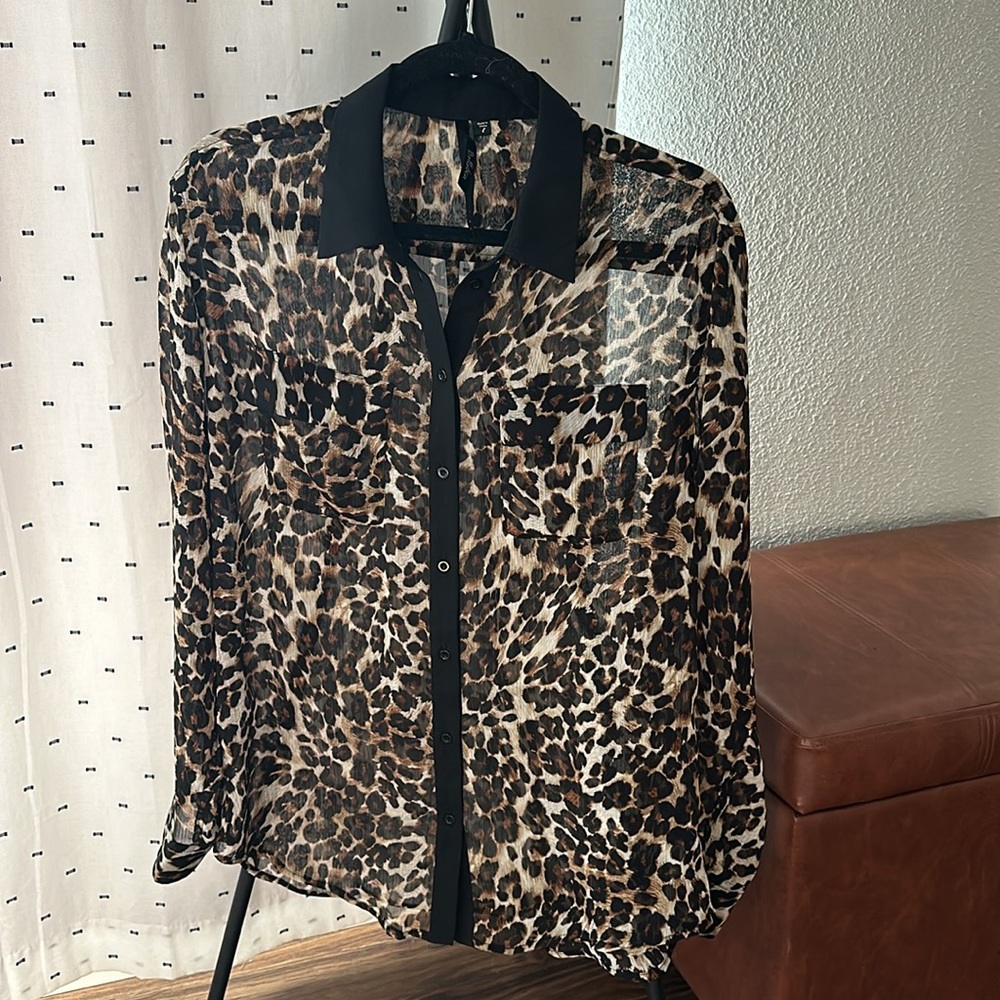 Bellatrix Leopard Print Sheer Button-Up Blouse in Black and Brown